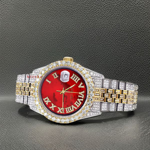 Montre à cadran en nacre et diamants - Édition cadran rouge, montre en moissanite faite à la main sur mesure avec bracelet en acier inoxydable bicolore - Product Image 2