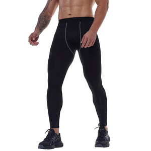 Leggings de compression à taille haute et longueur intégrale pour hommes, pantalon de sport extensible sans couture, couleur noire, design à coutures contrastées - Product Image 2