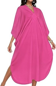 Robe Kaftan ample à col en V et manches courtes pour femme, couleur unie, longueur midi, tissée, style décontracté, idéale pour la plage en été - Product Image 5