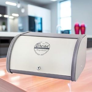 Boîte à pain vintage en métal avec couvercle rabattable, anti-poussière et anti-humidité, pour le rangement des aliments dans la cuisine, couleur crème gris - Product Image 3