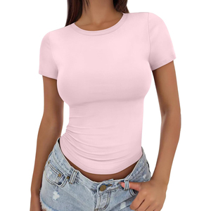เสื้อครอปท็อปแขนสั้นคอกลมสีเขียวล้วนสำหรับผู้หญิง ทรงเข้ารูป ผ้าถัก สไตล์ลำลอง เหมาะสำหรับฤดูใบไม้ผลิและฤดูร้อน เสื้อยืดออกกำลังกาย ODM/OEM - Product Image 5