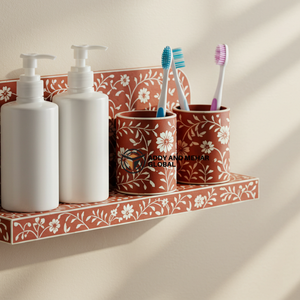 Handcrafted Wood Inlay Four-piece Eco-Friendly Easy Clean Bathroom Organizer <b>Set</b> Wall-Mounted Vanity Shelf Dual <b>Soap</b> Dispensers - Product Image 6