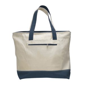Sac fourre-tout en toile crème avec base violette, fermeture éclair, poignée en corde, poche avant, impression personnalisée, prêt pour la vente en gros, promotionnel, plage, gym, shopping - Product Image 6