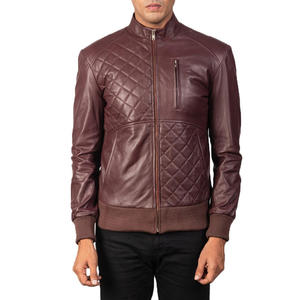 MEN HIGH QUALITY DIAMOND QUILTED MAROON REAL SHEEPSKIN <b>LEATHER</b> BOMBER <b>JACKET</b> WITH RIBBED HEMS AND STAND COLLAR - Product Image 1