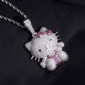 Collier pendentif Moissanite Hiphop Bling Bling motif chat mignon pour enfants, filles et femmes, plaqué or argent 925, cadeau tendance papillon - Product Image 5