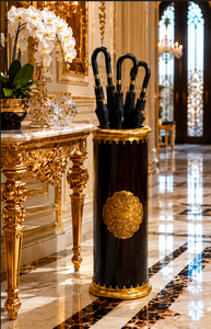 Classic Black Metal <b>Umbrella</b> <b>Stand</b> with Antique Brass Finish One-Sided Capacity Freestanding Holder for Hotel Lobby Decoration - Product Image 1