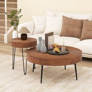 Set di 2 Tavolini da Caffè Rotondi in Legno Massello con Motivo ad Anello, Stile Rustico - Product Image 3