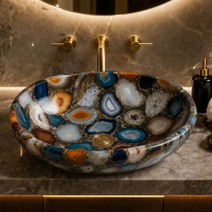 Luxury Multi Agate Stone Sink Handmade Oval Vessel <b>Basin</b> Natural Gemstone Bathroom Sink for Hotel & Home Interior - Product Image 1