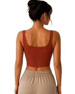 Top Corto de Cuello Cuadrado Color Marrón Oxidado para Mujer, Sin Mangas, de Algodón y Elastano, Elástico, para Fitness, Yoga, Casual, Verano, Básico, Personalizable - Product Image 2