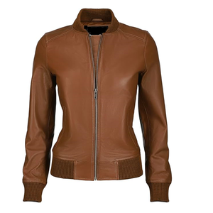Classical Varsity Style Leather Jacket Women - Casual Fashion Windbreaker Moto Biker Genuine Leather Bomber Jacket Women - Product Image 1