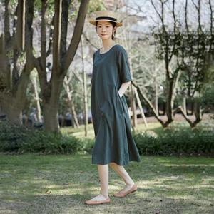 Robe mi-longue en coton et lin vert foncé pour femmes, manches courtes, coupe ample, confortable, décontractée, robe d'été - Product Image 2