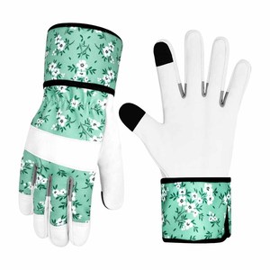 Gants de jardinage pour femmes anti-épines à écran tactile, manchette longue, paume en cuir blanc, imprimé floral rose, pour la taille des rosiers - Product Image 1