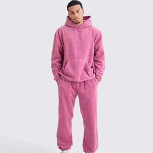 Sudadera con capucha de forro polar rosa para hombre y pantalones jogger, conjunto informal oversize para otoño, de color liso, tejido transpirable con diseño de bolsillos. - Product Image 1