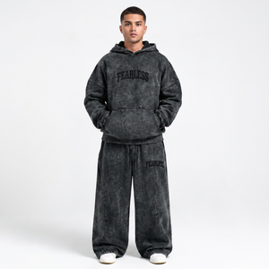 Ensemble sweat à capuche et pantalon pour homme, avec logo brodé, en molleton, couleur unie, style streetwear, coupe oversize, effet vintage délavé, pour l'hiver - Product Image 1
