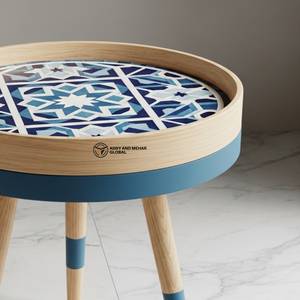 Blue Geometric Pattern Wooden <b>Stool</b> Handcrafted Round Decorative Accent <b>Stool</b> <b>with</b> Natural Wood Leg - Product Image 3