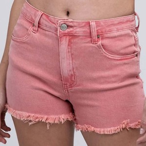 Pink <b>High</b> <b>Waist</b> Denim <b>Shorts</b> Women's Casual Frayed Hem Solid Color Button Fly Washed Style Polyester/Cotton Eco-Friendly Vintage - Product Image 3