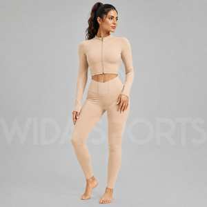 Ladies Activewear Set Long Sleeve Workout <b>Crop</b> <b>Top</b> High Waist Leggings Stretch Lightweight Solid Front Gym Fitness Training Yoga - Product Image 2