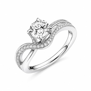 Anillo de compromiso de oro blanco para mujer con diamante redondo de talla brillante, engaste de puntas, estilo clásico y banda pavé - Product Image 4