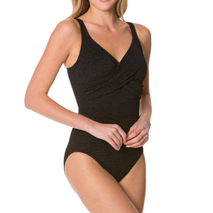 Women One Piece Swimsuit <b>V</b>-Neck Twist Front Solid Black High Cut Tummy Control Shapewear Swimwear - Product Image 2