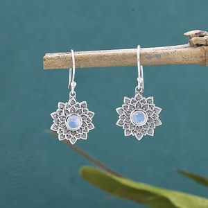 925 Sterling Silver Natural <b>Rainbow</b> Moonstone Lotus Flower Mandala Dangle Earrings Wholesale Women Boho Gemstone Jewelry - Product Image 4