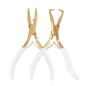 Juego de 2 Pinzas Doradas para Extensiones de Cabello con Empuñadura de Goma Blanca, Punta Curva y Recta, Herramienta para Remover Microperlas - Product Image 1