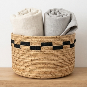 Handcrafted Natural Seagrass Woven <b>Storage</b> Basket Black Checkered Round Decorative Organizer <b>Bin</b> For Boho Home Decor - Product Image 5