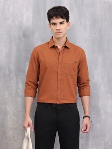 Camisa Casual de Algodón Sólido Color Naranja Quemado para Hombre, Manga Larga, Cuello Camisero, Estilo Casual Elegante, Tejido de Algodón Transpirable, Ropa de Verano - Product Image 1