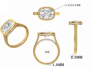 Anillo de compromiso de lujo con diamante de laboratorio talla cojín, engaste de bisel, banda halo pavé, oro de 10K, 14K, 18K para mujer - Product Image 6