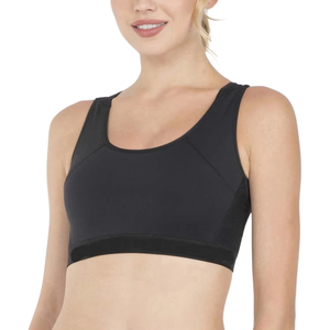 Sujetador deportivo negro para mujer con cuello redondo y espalda cruzada, soporte medio, panel de malla transpirable, top de yoga y entrenamiento, diseño sin costuras de color liso - Product Image 1