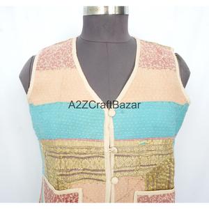 100% Cotton Breathable Printed <b>Kantha</b> Waistcoat for Women Handmade Unique Spring Summer Autumn Winter Sleeveless Vest Patchwork - Product Image 2