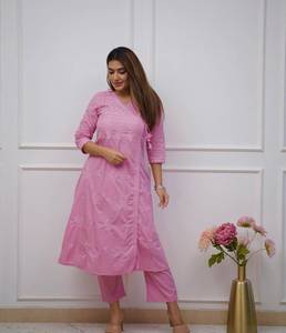 Women's Pink Cotton <b>Chikankari</b> Embroidery A-Line Kurti with Pant Regular Fit Knee Length Casual Wear <b>Suit</b> Set - Product Image 4