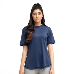 T-shirt pour femme bleu marine à manches courtes et col rond, ourlet incurvé, coupe décontractée, basique, léger, mode féminine estivale - Product Image 1