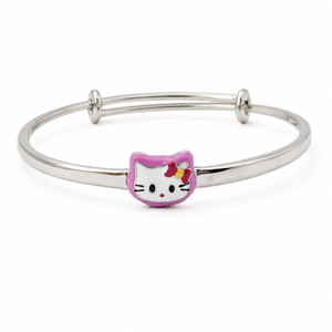 925 Sterling Silver Pink Cat Enamel Kids <b>Bangle</b> Bracelet <b>Set</b> High Polish Cartoon Animal Design for Girls Daily Wear Party Gift J - Product Image 4