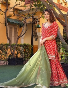 Salwar Kameez KV Rojo de Algodón con Estampado Dabu y Dupatta Kota Doria (Conjunto de 3 Piezas) Ropa Tradicional para Fiestas - Product Image 5