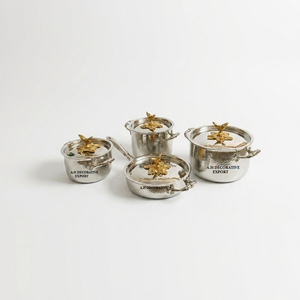 Elegant Hammered Brass <b>Cookware</b> <b>Set</b> Decorative Gold Handled Casserole Pots with Floral Lid Knobs 4 Piece Premium Serving Pot <b>Set</b> - Product Image 5