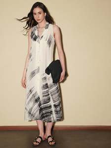 Vestido Maxi Sin Mangas Color Blanco Hueso con Estampado Abstracto Pintado a Mano, Cuello Alto, Corte Holgado, Ropa Casual de Verano, Tejido de Viscosa - Product Image 3
