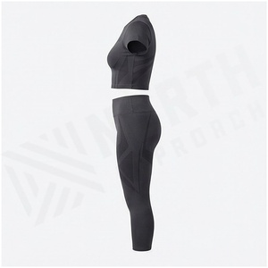 Women Sporty 2-Piece Set Short Sleeve Crop Top Full Length <b>Leggings</b> Solid <b>Black</b> Quick Dry Breathable Four-Way Stretch - Product Image 3