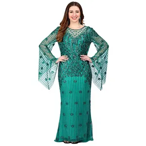 Luxury <b>Emerald</b> Green Evening Gown Heavy Embellished Beaded Maxi <b>Dress</b> with Flare Sleeves for Prom Party Wear <b>Dress</b> - Product Image 1