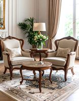 Fauteuil moderne en acajou avec sculptures complexes, revêtement en cuir crème, design confortable pour salon, chambre à coucher, hôtel