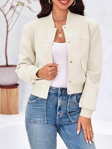Chaqueta Bomber Crema para Mujer, Manga Larga, Cuello Alto, Cierre de Botones, Bolsillos con Parches, Ropa Exterior Informal, Color Sólido, Tejido de Poliéster - Product Image 4