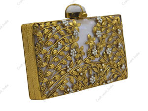 Handcrafted Mother of Pearl Clutch with <b>Gold</b> Leaf Scroll Design Luxury Evening <b>Bag</b> for Bridal Wedding Party - Product Image 4