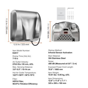 Asciugamani Elettrico Commerciale da 1300W, Automatico ad Alta Velocità, in Acciaio Inossidabile, con Aria Calda, 120V, Collegabile alla Presa/Cablato, Doppia Funzione - Product Image 4