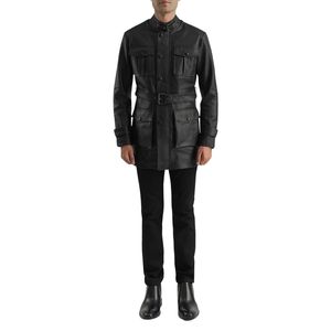 Men's Black Genuine <b>Leather</b> Motorcycle <b>Jacket</b> Stand Collar Belted <b>Long</b> Moto Biker Coat - Product Image 3