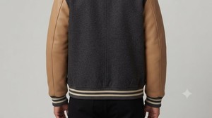 <b>Men's</b> Dark Gray Casual <b>Baseball</b> Varsity <b>Jacket</b> With Tan Leather Sleeves Turn-down Collar Button Closure Casual Autumn Wear - Product Image 6