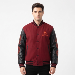 Blouson bomber pour homme avec broderie de dragon rouge, manches en cuir noir, veste de mode streetwear personnalisée - Product Image 2