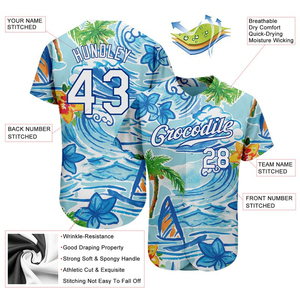 Maillot de baseball authentique personnalisé blanc avec motif 3D, palmiers et fleurs hawaïennes, style royal - Product Image 3