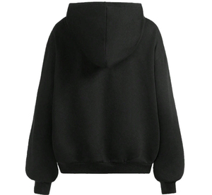 <b>Black</b> Hooded Zip-Up Sweatshirt With Rhinestone <b>Heart</b> Wings Design Oversized Casual Unisex Autumn Wear - Product Image 3