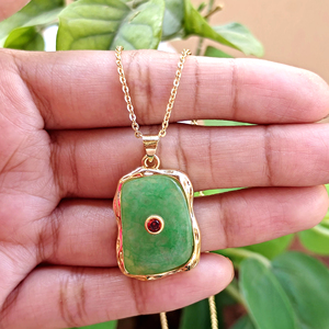Hypoallergenic jewelry green jade with red cz accent double stone pendant <b>necklace</b> 18k gold plated brass chain women <b>necklace</b> - Product Image 1