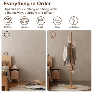 Modern design wooden coat stand cherry finish clothes tree with round base minimalist entryway customized options - Product Image 5