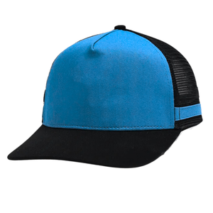Casquette Trucker en gros, vierge, bicolore, 5 panneaux, profil moyen, visière plate, en maille bleue et noire unie, pour logo personnalisé et broderie - Product Image 2